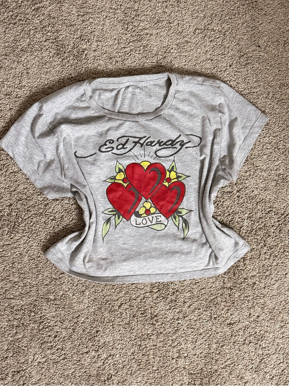 Ed Hardy Light Gray Tee with Red Heart Tattoo Graphic Cropped